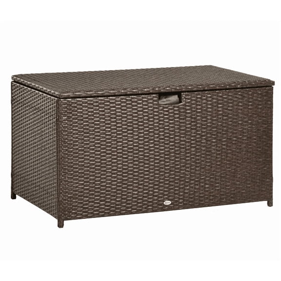 Outsunny Outdoor Deck Box PE Rattan Wicker with Liner Hydraulic Lift and A Handle for Indoor Outdoor Patio Pool Toys Garden Tools Brown