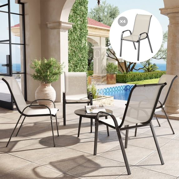 Outsunny Outdoor Dining Chairs Set of 4, Stackable Outdoor Patio Chairs with High Back, Breathable Mesh Seat for Garden Lawn Backyard, Beige