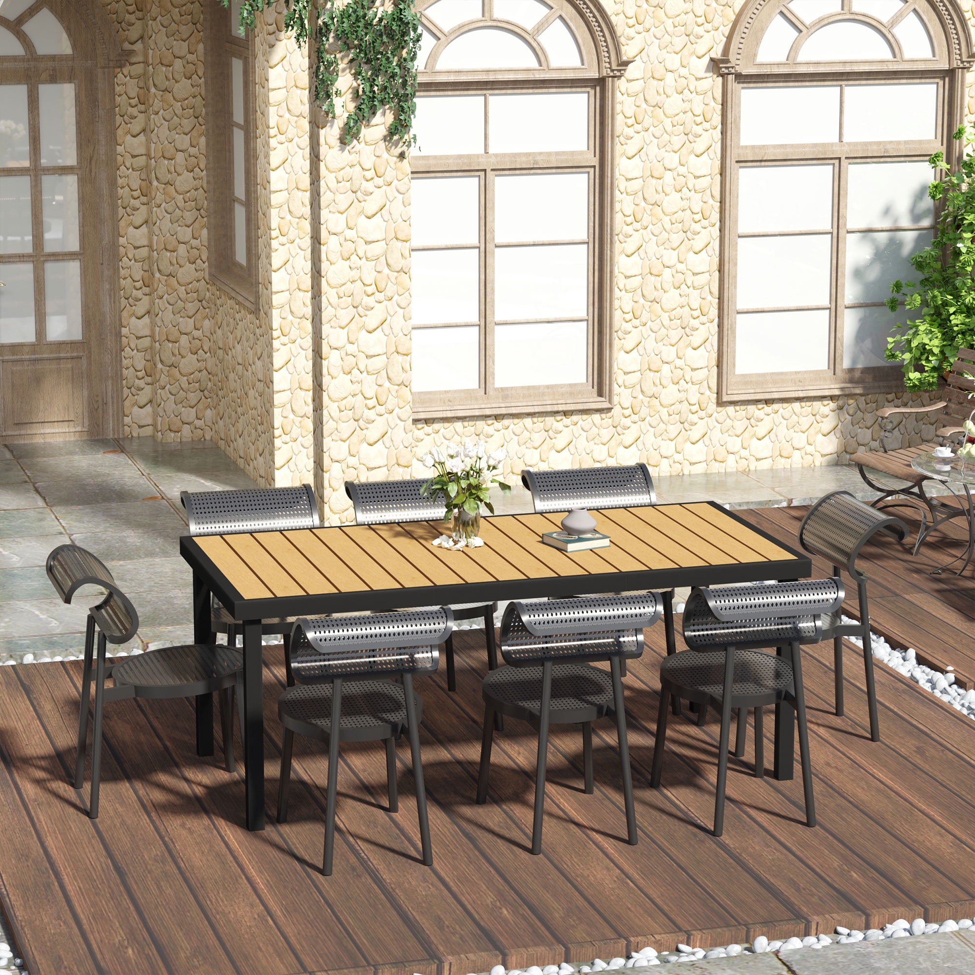 Natural Wood-Like Slat Top Rectangular Outdoor Dining Table with Black Aluminum Frame