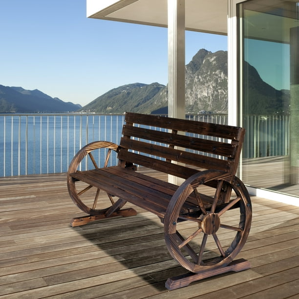 Outsunny Wooden Wagon Wheel Bench Rustic Outdoor Patio Furniture 2 Person Seat Bench with Backrest Carbonized