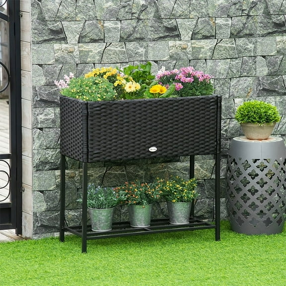 Outsunny Outdoor Flower Stand with legs, Rattan Wicker Look, Tool Storage Shelf, Portable Design for Herbs, Vegetables, Flowers, Gray