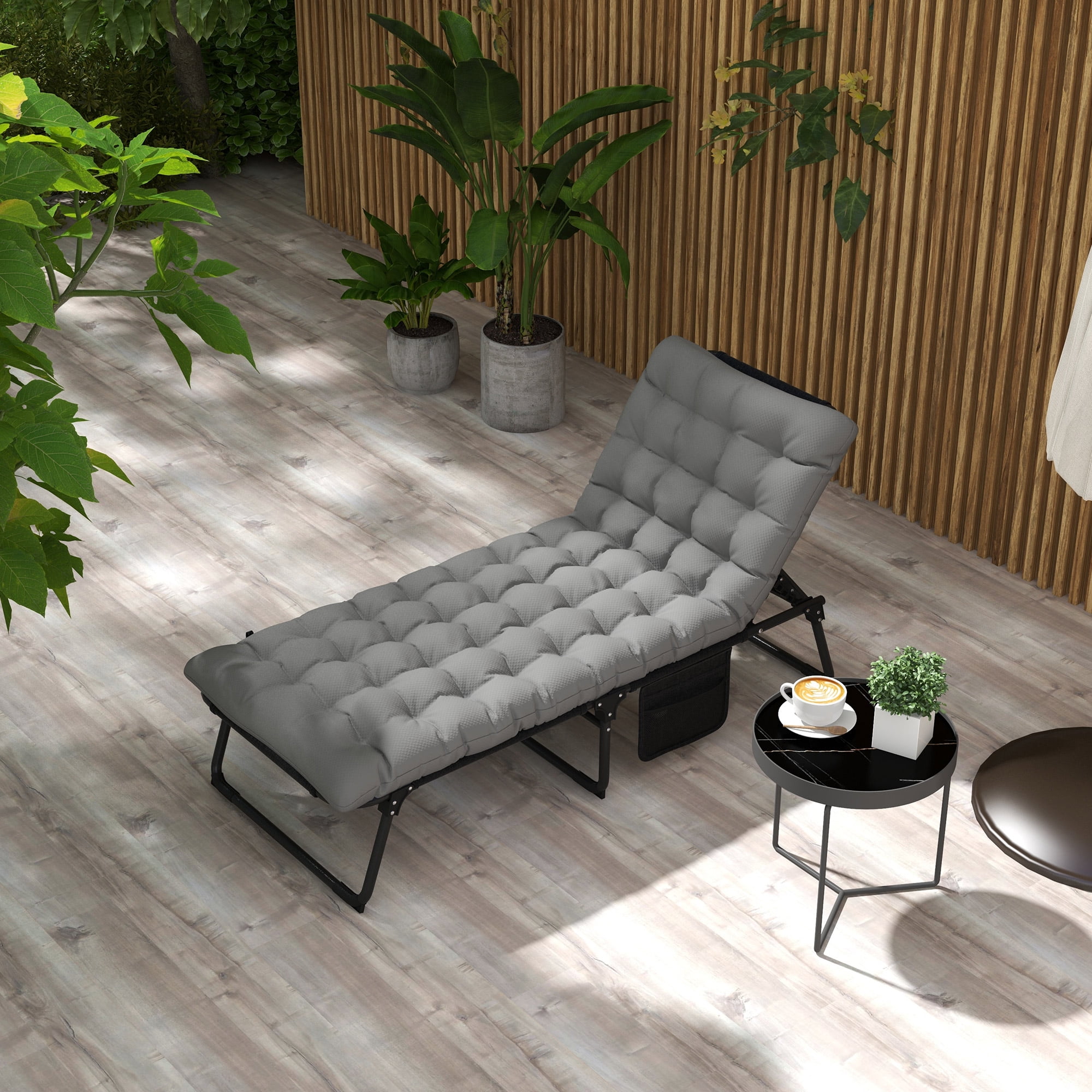 Gray Adjustable Folding Outdoor Chaise Lounge with Cushion