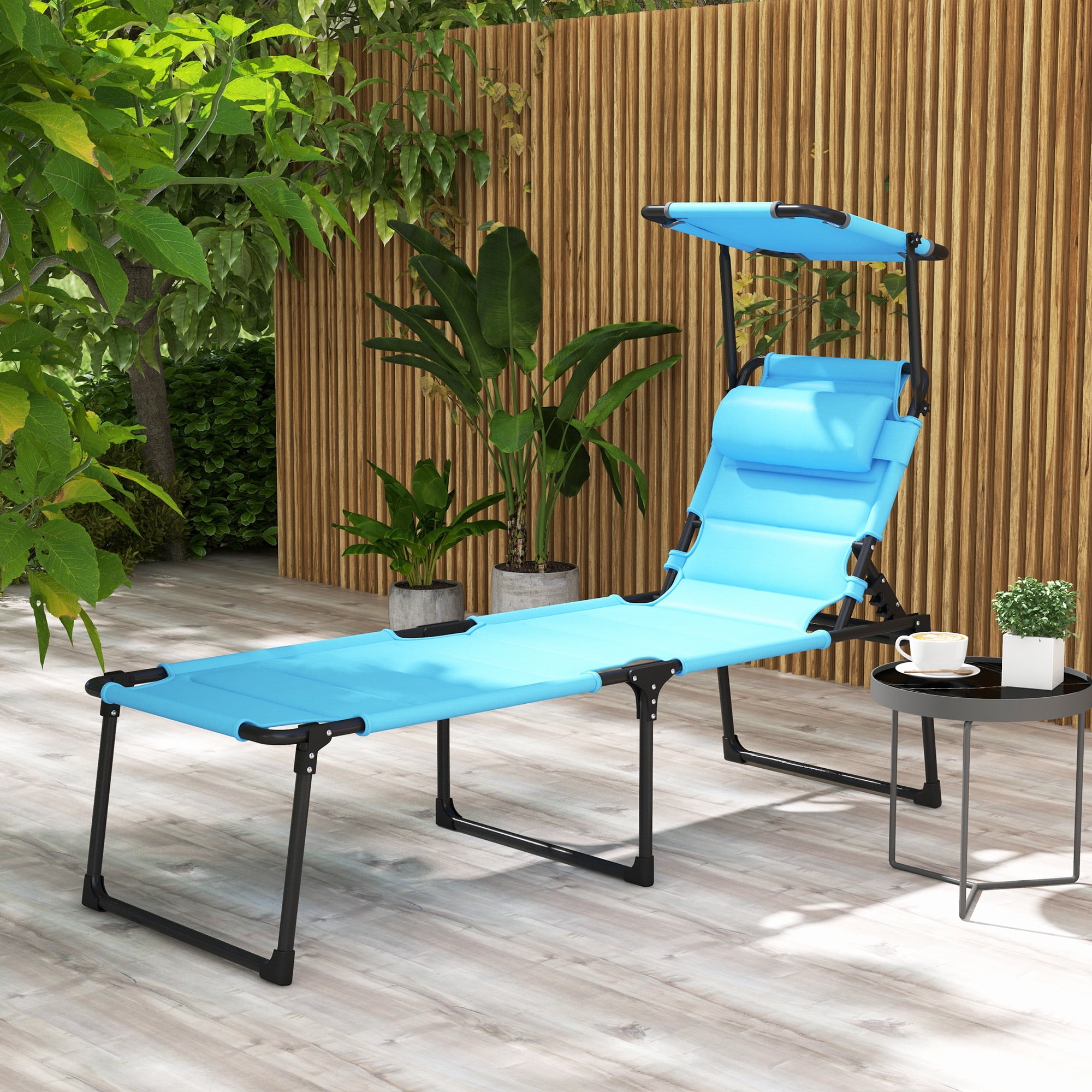 Light Blue Adjustable Outdoor Chaise Lounge with Cushions and Sun Shade