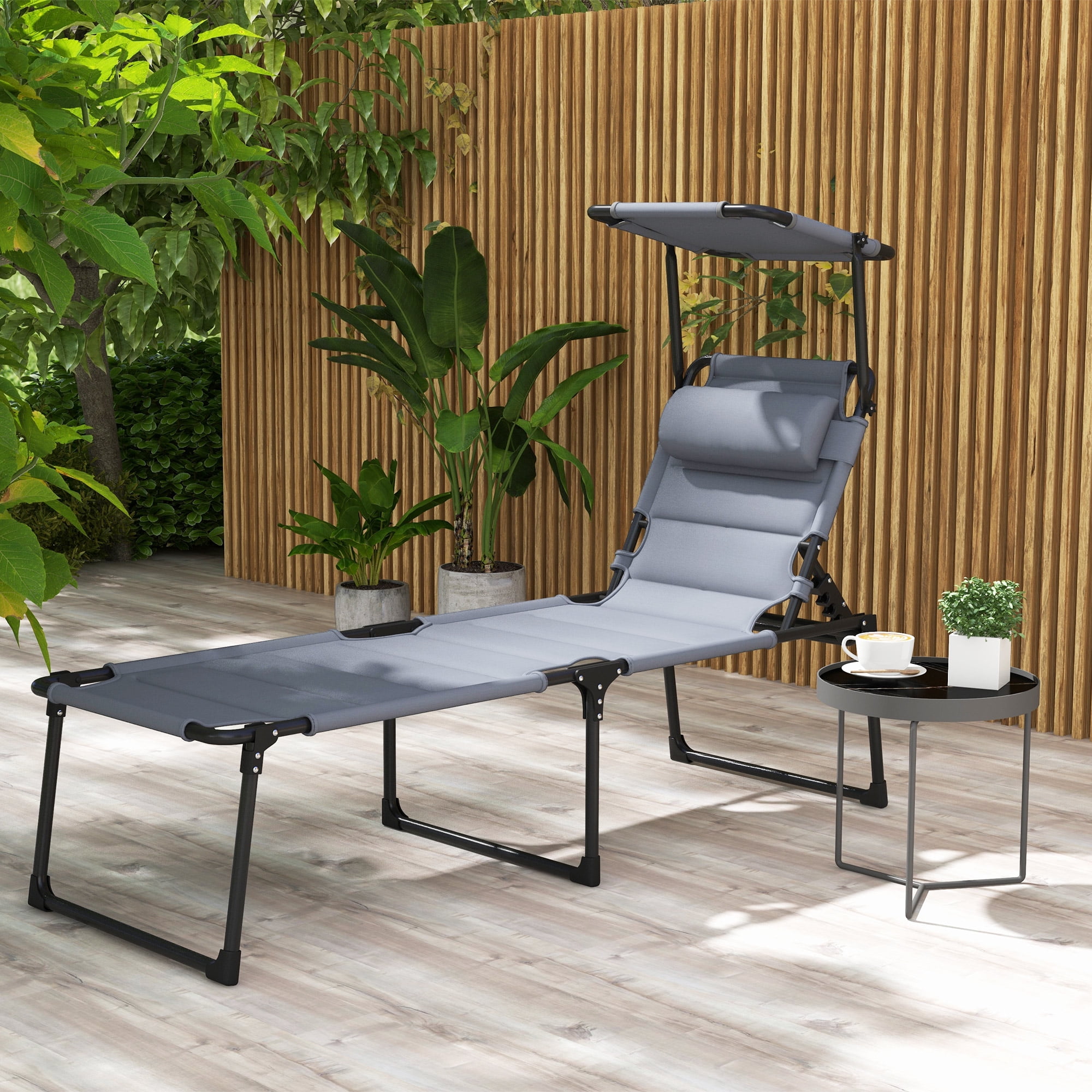 Gray Adjustable Outdoor Lounge Chair with Cushions and Sunshade