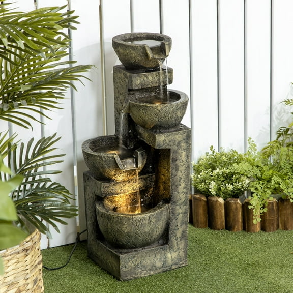 Outsunny Outdoor Fountain and Waterfalls with Adjustable Flow & LED Lights, Stone Look