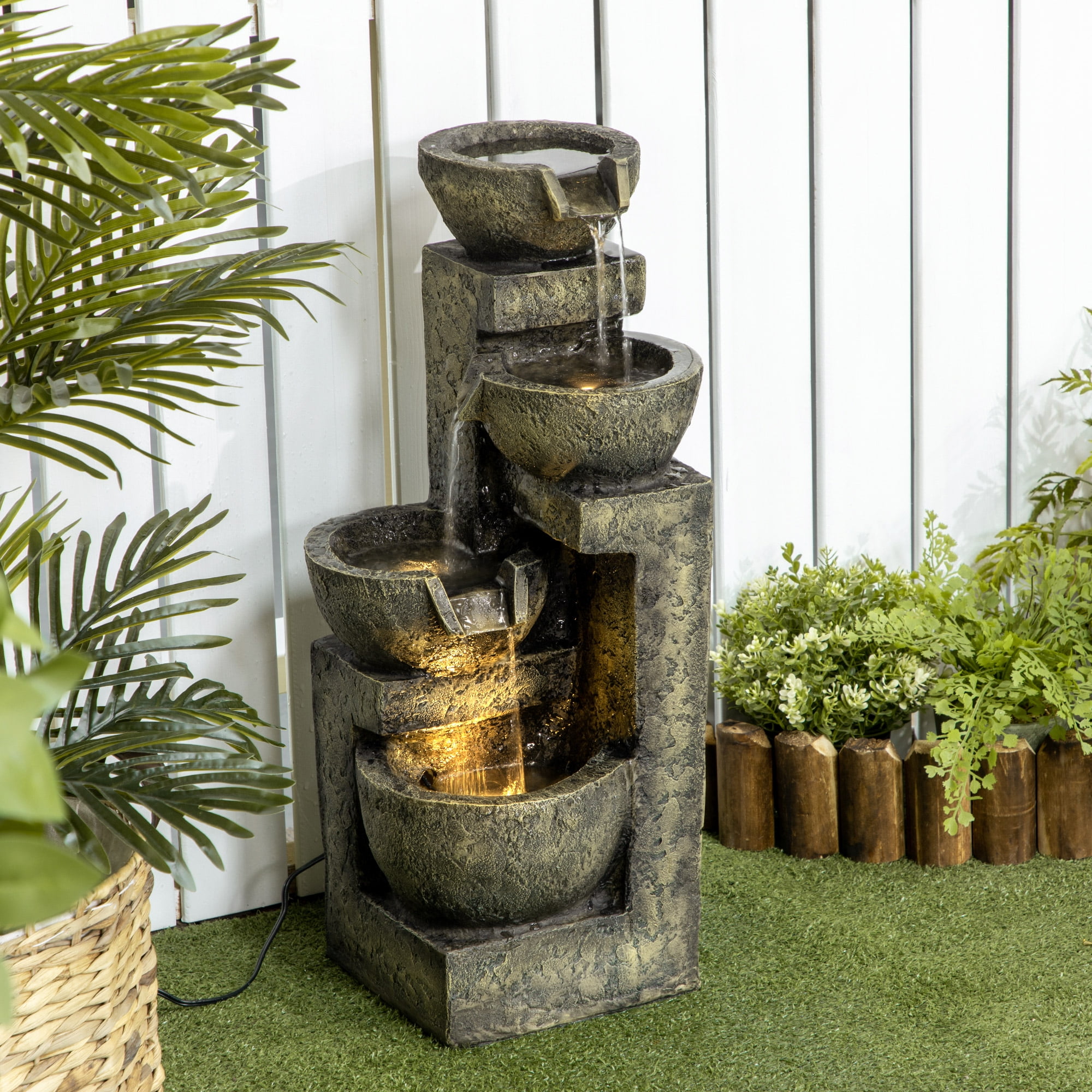 Rustic Gray Stone Look 4-Tier Outdoor Fountain with LED Lights