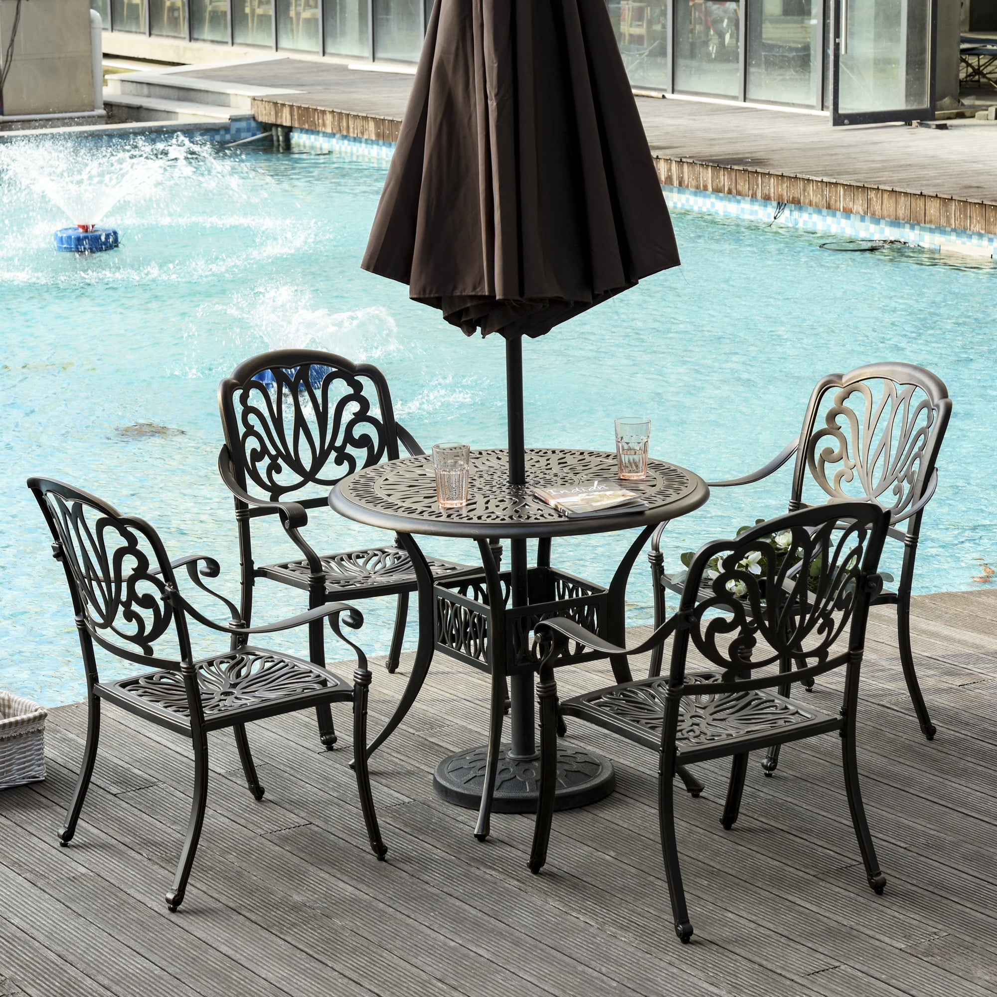 Outsunny Outdoor Furniture Cast Aluminum Dining Set for 4, Round Patio Table and Chairs w/ Umbrella Hole, Stackable Design, Adjustable Feet, Bronze