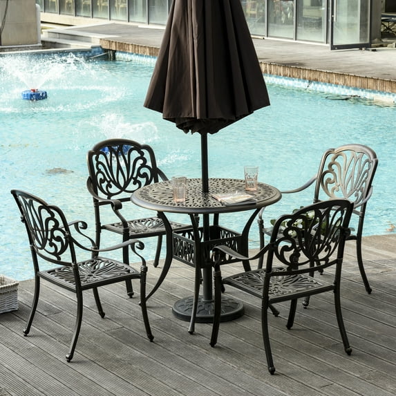 Outsunny Outdoor Furniture Cast Aluminum Dining Set for 4, Round Patio Table and Chairs w/ Umbrella Hole, Stackable Design, Adjustable Feet, Bronze