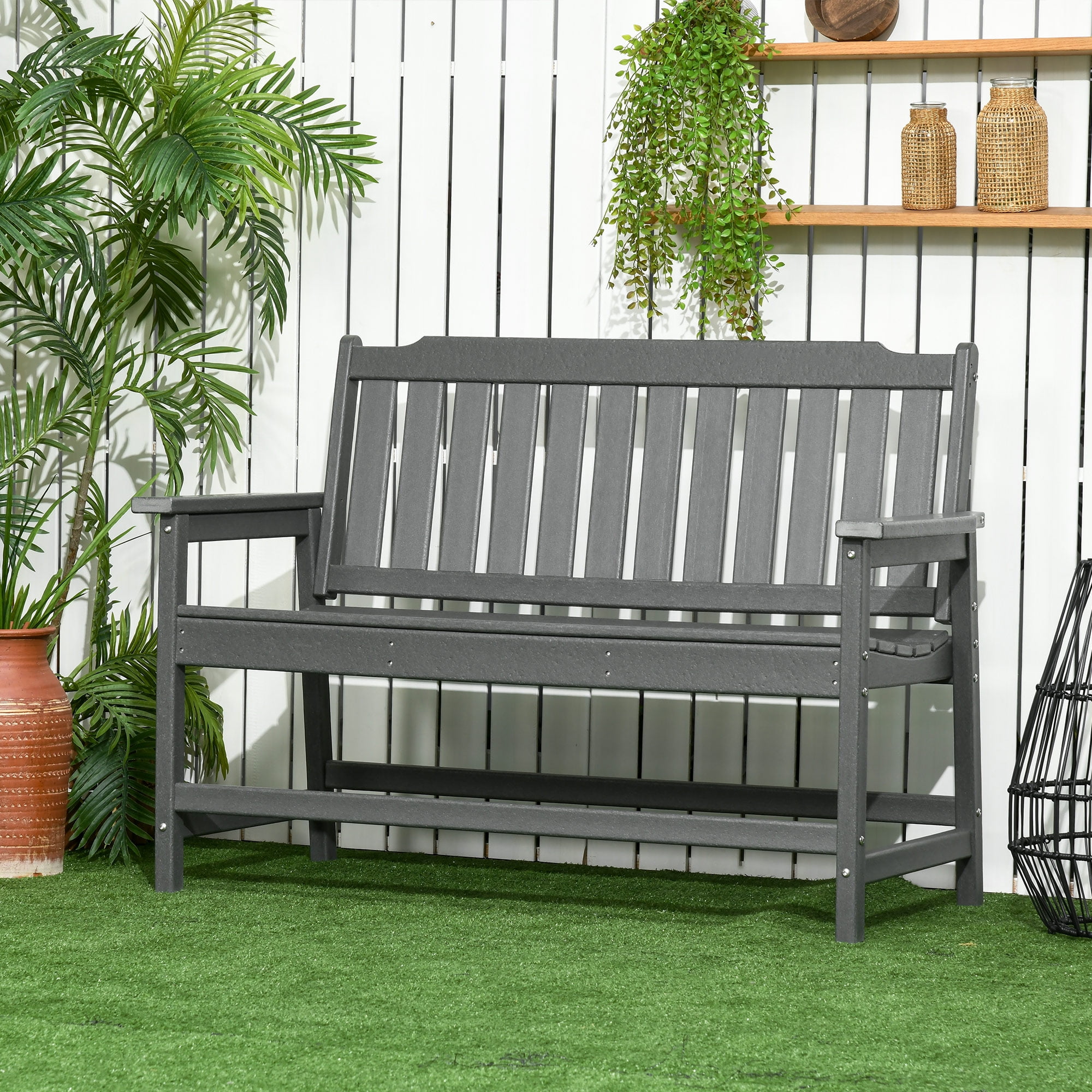 Dark Gray HDPE 2-Person Outdoor Garden Bench with Slatted Back and Armrests