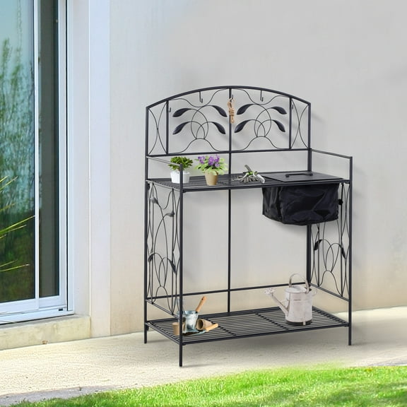 Outsunny Outdoor Garden Metal Potting Table Planting Benchw/ Bag, Hook