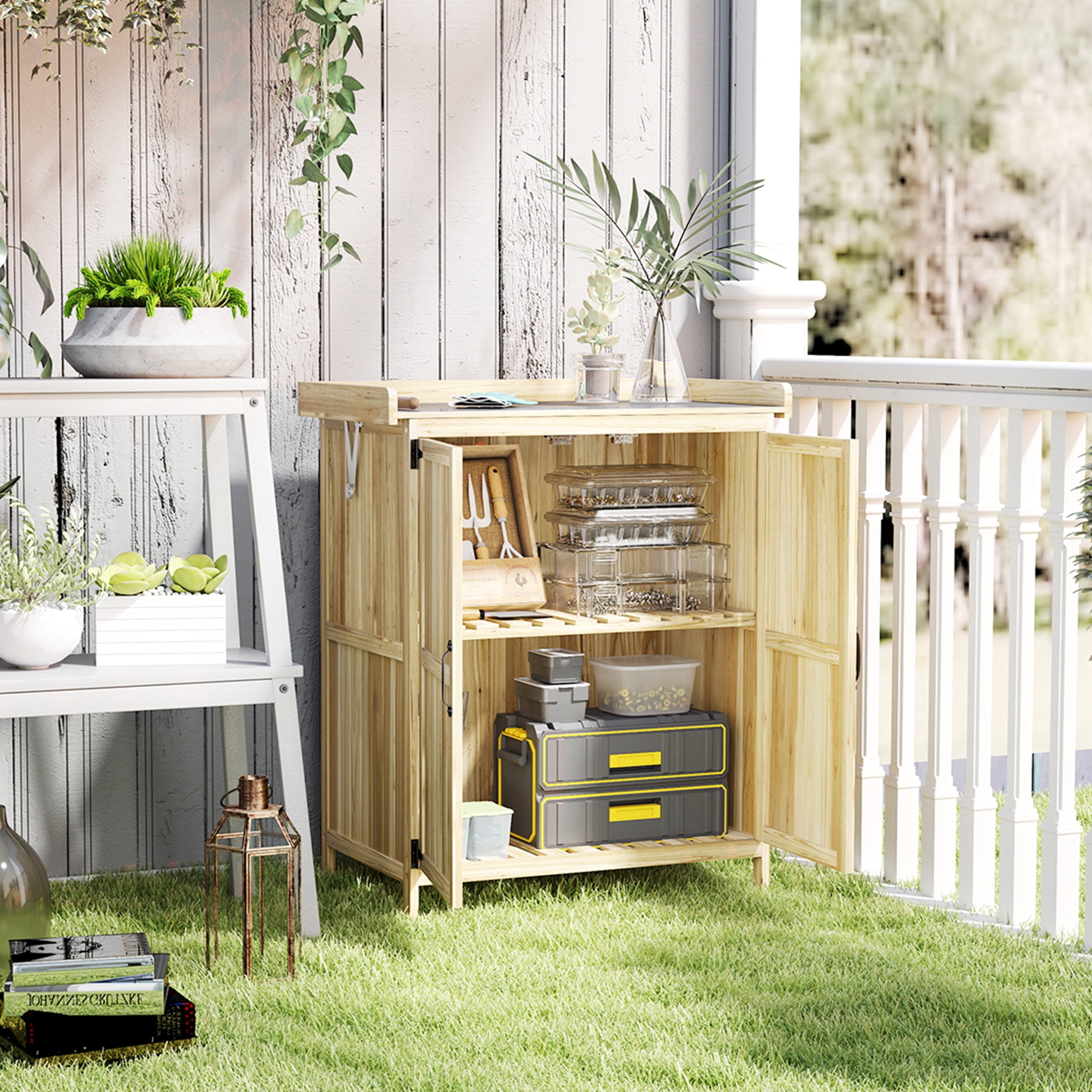 Outsunny Outdoor Garden Shed, Wooden Backyard Shed with Metal Tabletop, Shelf and 2 Doors for Patio, Lawn, Natural Wood