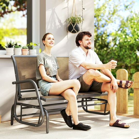 Outsunny 2-Person Outdoor Glider Bench, Patio Double Swing Rocking Chair Loveseat w/Powder Coated Steel Frame for Backyard Garden, Light Mixed Brown