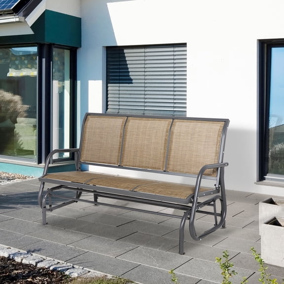 Outsunny Patio Glider Bench, Outdoor Porch Glider Swing with 3 Seats, Breathable Mesh Fabric, Metal Frame, Light Mixed Brown