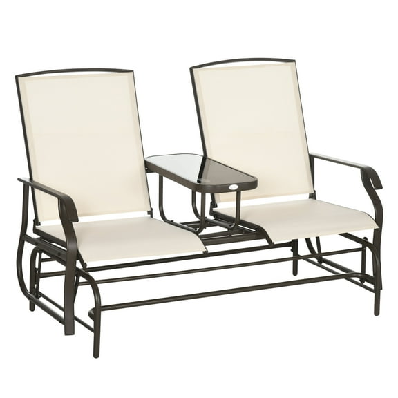 Outsunny Outdoor Glider Bench with Center Table, Metal Frame Patio Loveseat with Breathable Mesh Fabric and Armrests for Backyard Garden Porch, Beige
