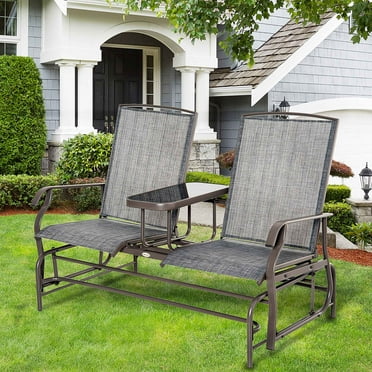 Outsunny 2-Person Outdoor Glider Bench w/ Center Table, Steel Frame for Backyard Garden Porch, Gray