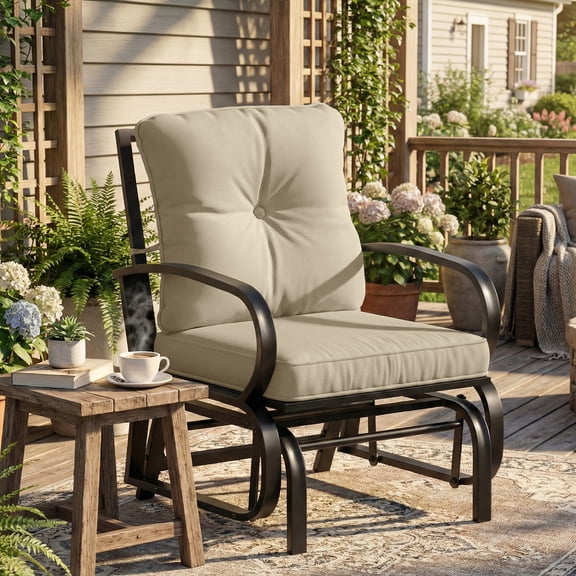 Outsunny Outdoor Glider Chair, Patio Glider with Cushions, Steel Frame, Curved Armrests, Beige