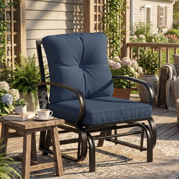 Outsunny Outdoor Glider Chair, Patio Glider with Cushions, Steel Frame, Curved Armrests, Dark Blue