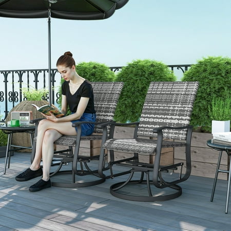 Outsunny Outdoor Glider Chair Set of 2, Wicker Rattan Swivel Patio Glider with Steel Frame, High Back, Gray