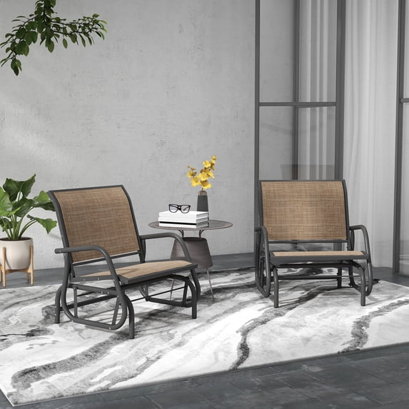 Outsunny Outdoor Glider Chair, Swing Chair with Breathable Mesh Fabric, Curved Armrests and Steel Frame for Porch, Garden, Poolside, Balcony, Brown