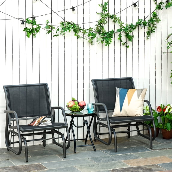 Outsunny Outdoor Glider Chairs, Swing Chair with Breathable Mesh Fabric, Curved Armrests and Steel Frame for Porch, Garden, Poolside, Balcony, Black