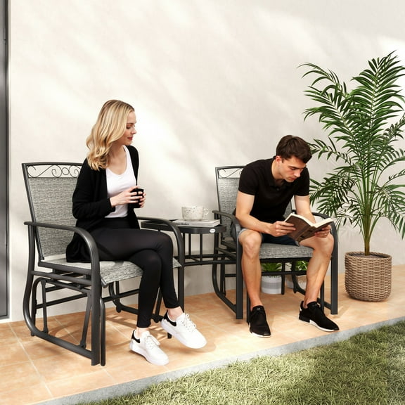 Outsunny Outdoor Glider Chairs with Coffee Table, Patio 2-Seat Rocking Chair Swing with Breathable Sling for Backyard, Garden and Porch, Gray