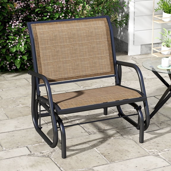 Outsunny Outdoor Glider Chair, Swing Chair with Breathable Mesh Fabric, Curved Armrests and Steel Frame for Porch, Garden, Poolside, Balcony, Brown