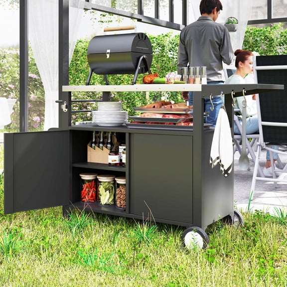 Outsunny Outdoor Grill Cart Table with Foldable Side Table, Movable Pizza Oven Table with Stainless Steel Tabletop, Hooks, Wheels