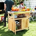 thumbnail image 1 of Outsunny Outdoor Grill Cart w/ Wheels and Storage Cabinets, Solid Wood Outdoor Kitchen Island w/ Stainless Steel Top, Integrated Hole, Natural Wood, 1 of 9