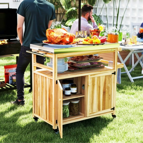 Outsunny Outdoor Grill Cart w/ Wheels and Storage Cabinets, Solid Wood Outdoor Kitchen Island w/ Stainless Steel Top, Integrated Hole, Natural Wood