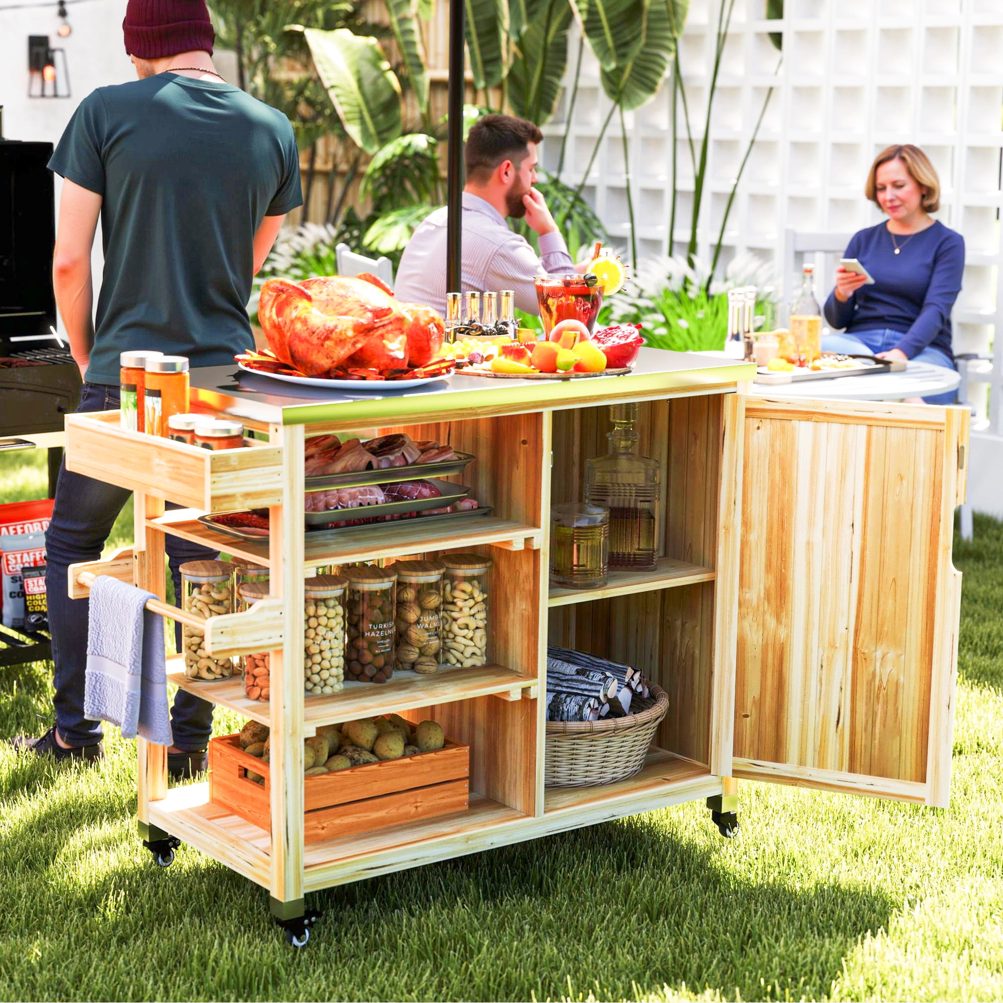Natural Wood Outdoor Grill Cart with Stainless Steel Top and Storage Cabinet
