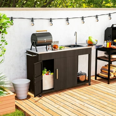 Outsunny Outdoor Grill Table with Stainless Steel Sink and Drainage, Grill Cart with Foldable Side Table, Cabinet, Wheels, Distressed Brown