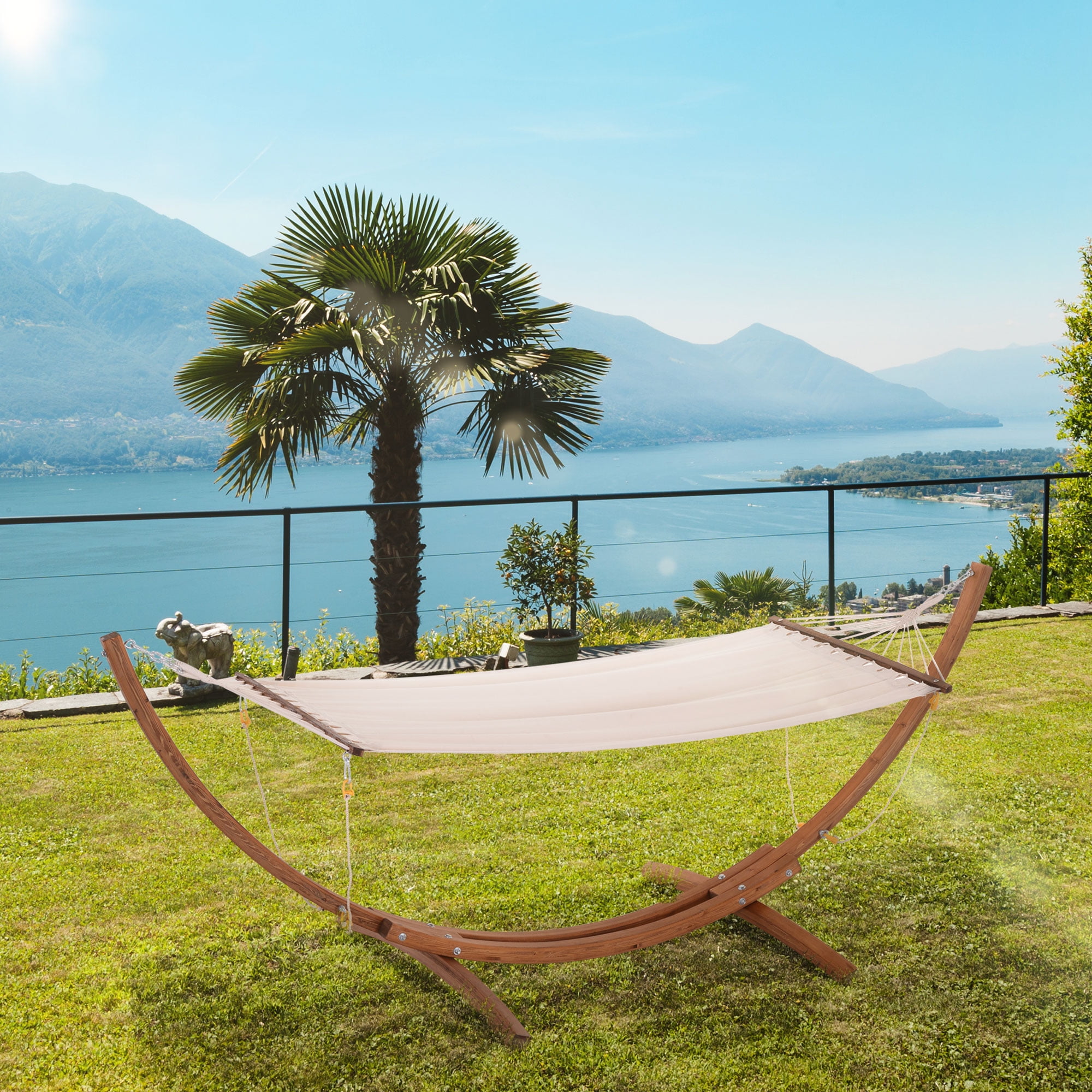 Cream White Cotton Hammock with Bentwood Stand for Indoor/Outdoor Use