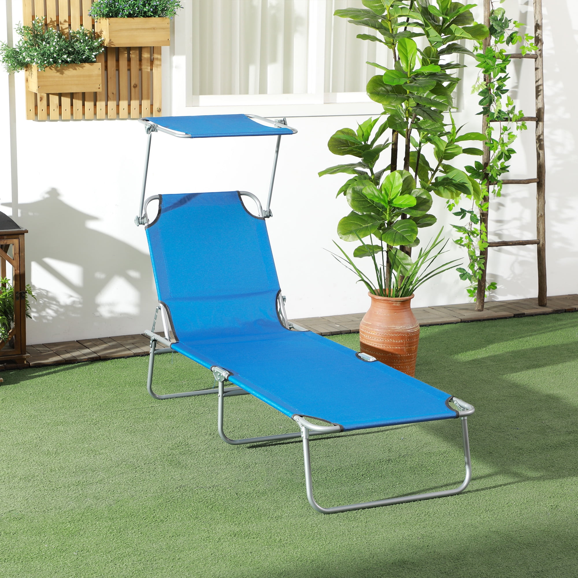 Blue Adjustable Folding Metal Outdoor Chaise Lounge with Sun Shade