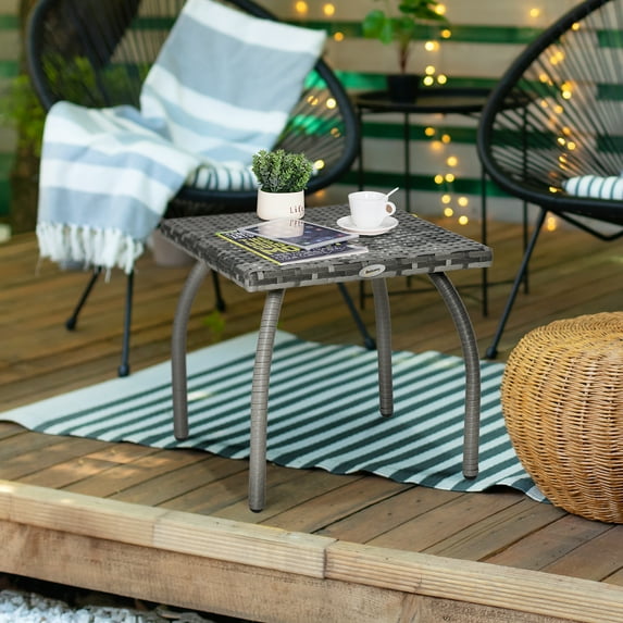 Outsunny Outdoor PE Wicker Side Table, Small Square Rattan End Table, All-Weather Material Coffee Table for Garden, Balcony, Backyard, Grey