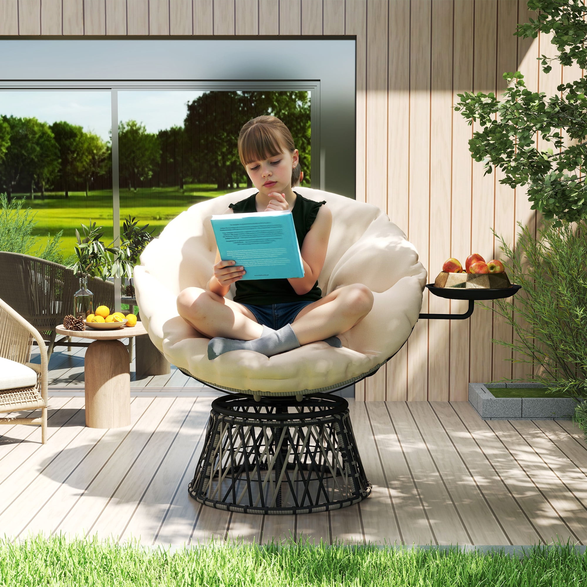 Beige Outdoor Papasan Chair with Cushions and Side Tray