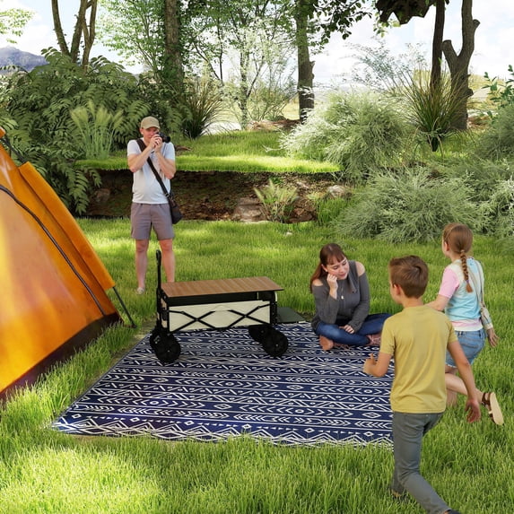 Outsunny Outdoor Patio Rug, Large Camping Carpet with Carrying Bag, 8' x 10' Waterproof Plastic Straw, Reversible, Blue & White Geometric