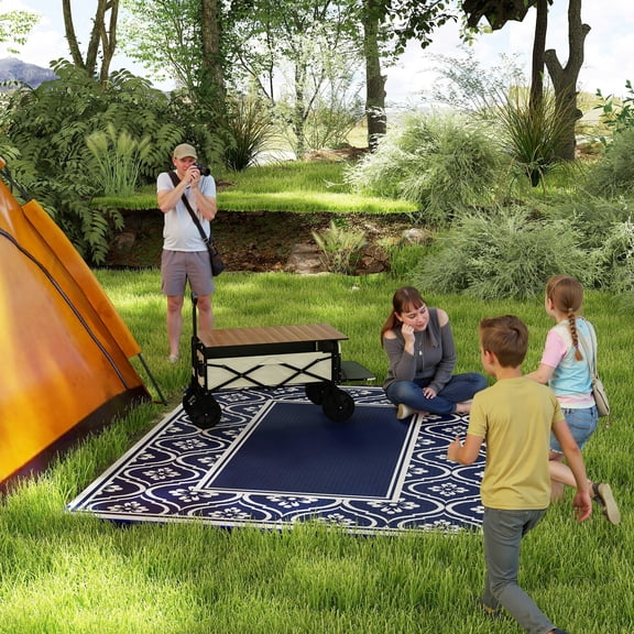 Outsunny Outdoor Patio Rug, Large Camping Carpet with Carrying Bag, 8' x 10' Waterproof Plastic Straw, Reversible, Blue & White Gourd Border