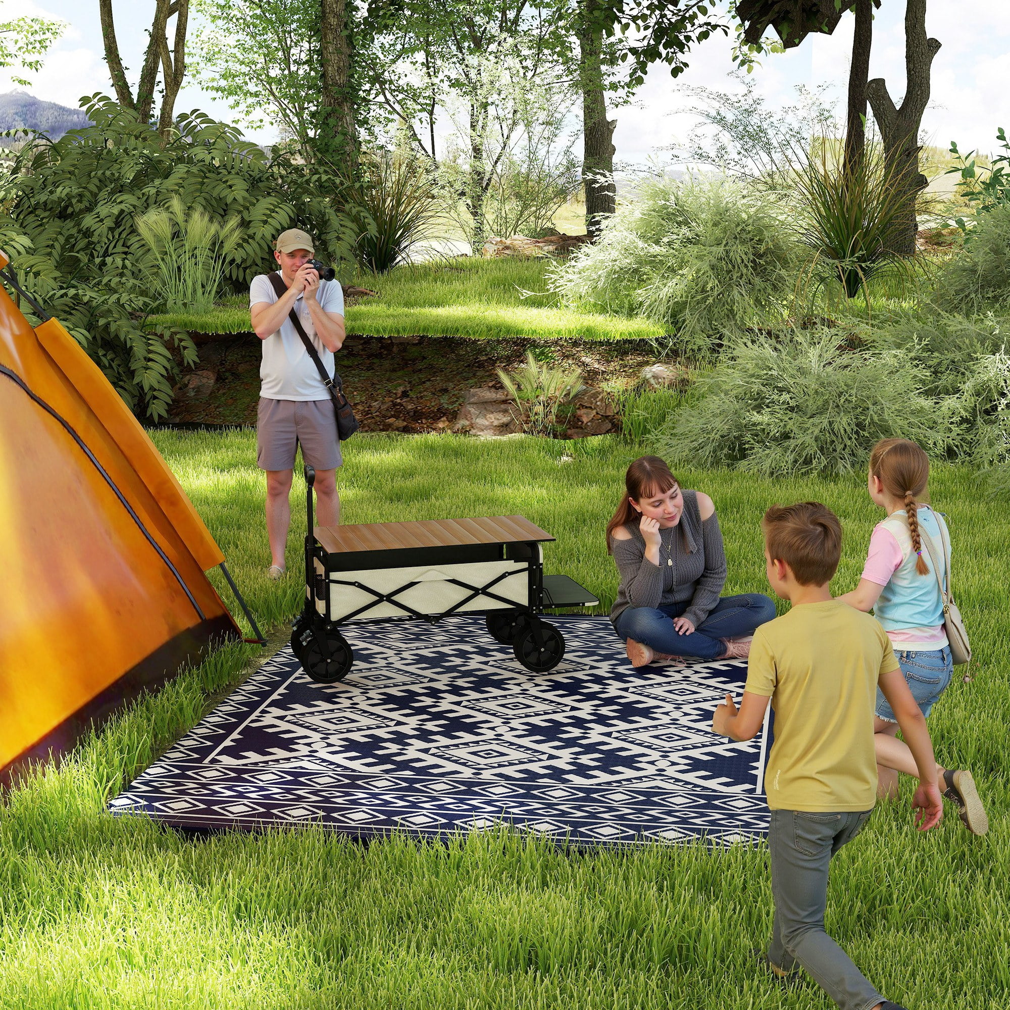 Outsunny Outdoor Patio Rug, Large Camping Carpet with Carrying Bag, 8' x 10' Waterproof Plastic Straw, Reversible, Blue & White Rhombus Border