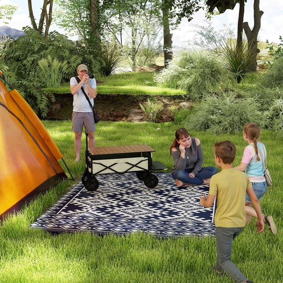 Outsunny Outdoor Patio Rug, Large Camping Carpet with Carrying Bag, 8' x 10' Waterproof Plastic Straw, Reversible, Blue & White Rhombus Border