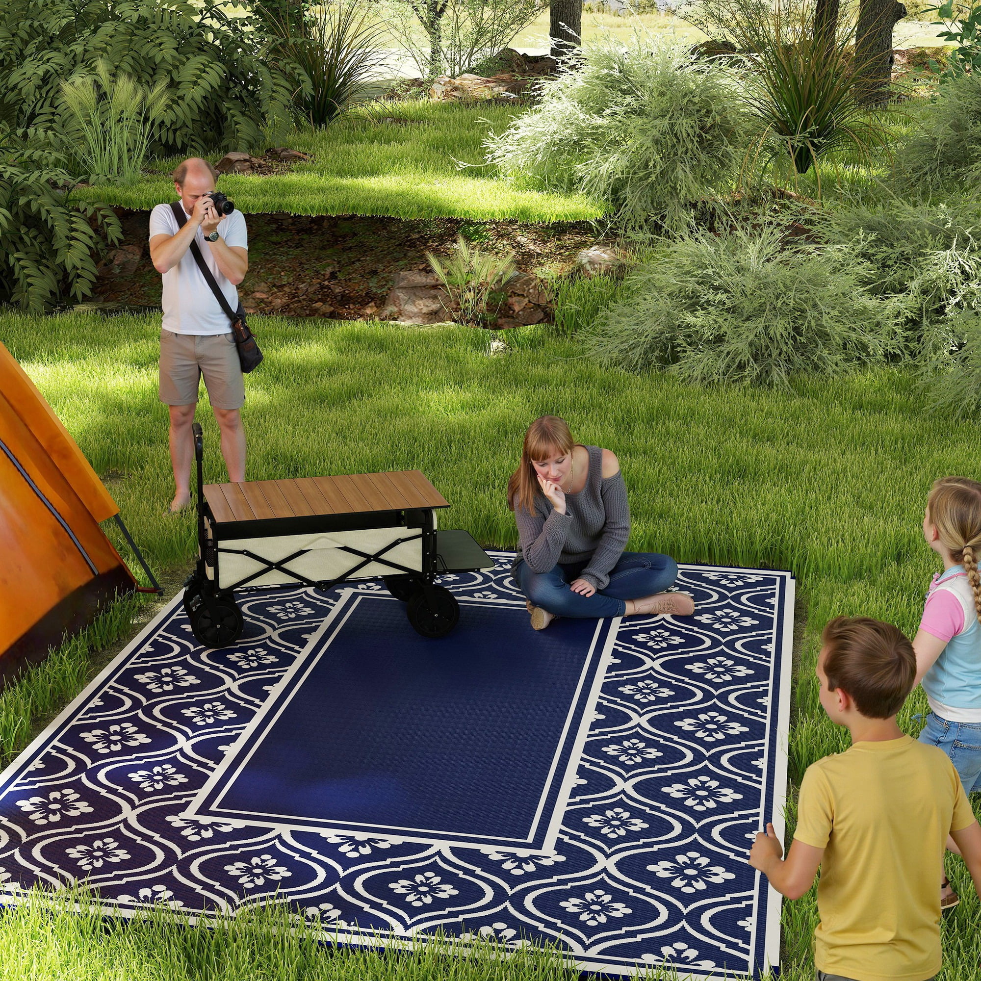 Outsunny Outdoor Patio Rug, Large Camping Carpet with Carrying Bag, 9' x 12' Waterproof Plastic Straw, Reversible, Blue & White Gourd Border
