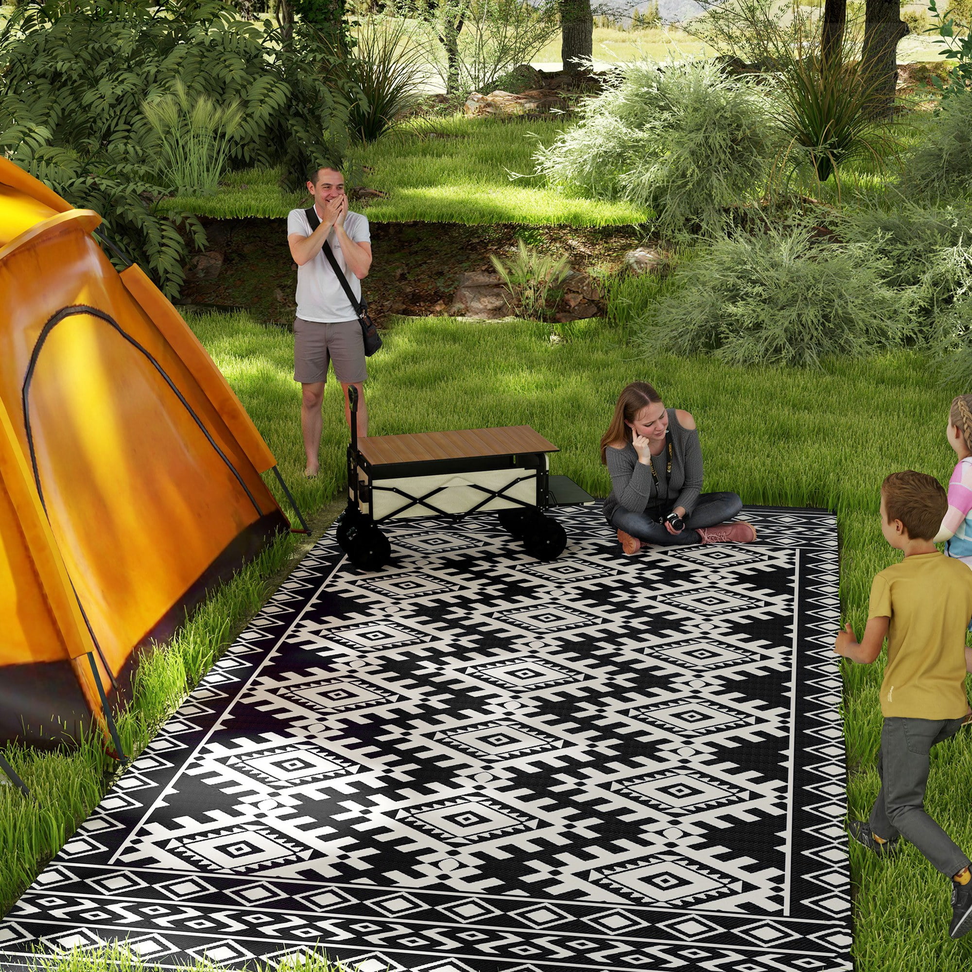 Outsunny Outdoor Patio Rug, Large Camping Carpet with Carrying Bag, 9' x 18' Waterproof Plastic Straw, Reversible, Black & White Rhombus Border