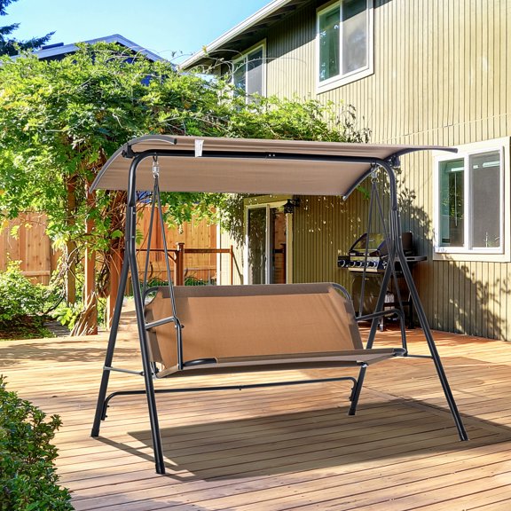 Outsunny Outdoor Patio Swing Chair, Seats 3 Adults, Includes Stand, Adjustable Sun Shade Canopy, Steel Frame, Shaded Bench, Brown