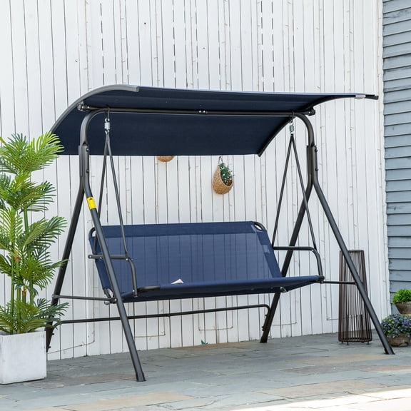 Outsunny Outdoor Patio Swing Chair, Seats 3 Adults, Includes Stand, Adjustable Sun Shade Canopy, Steel Frame, Shaded Bench, Dark Blue