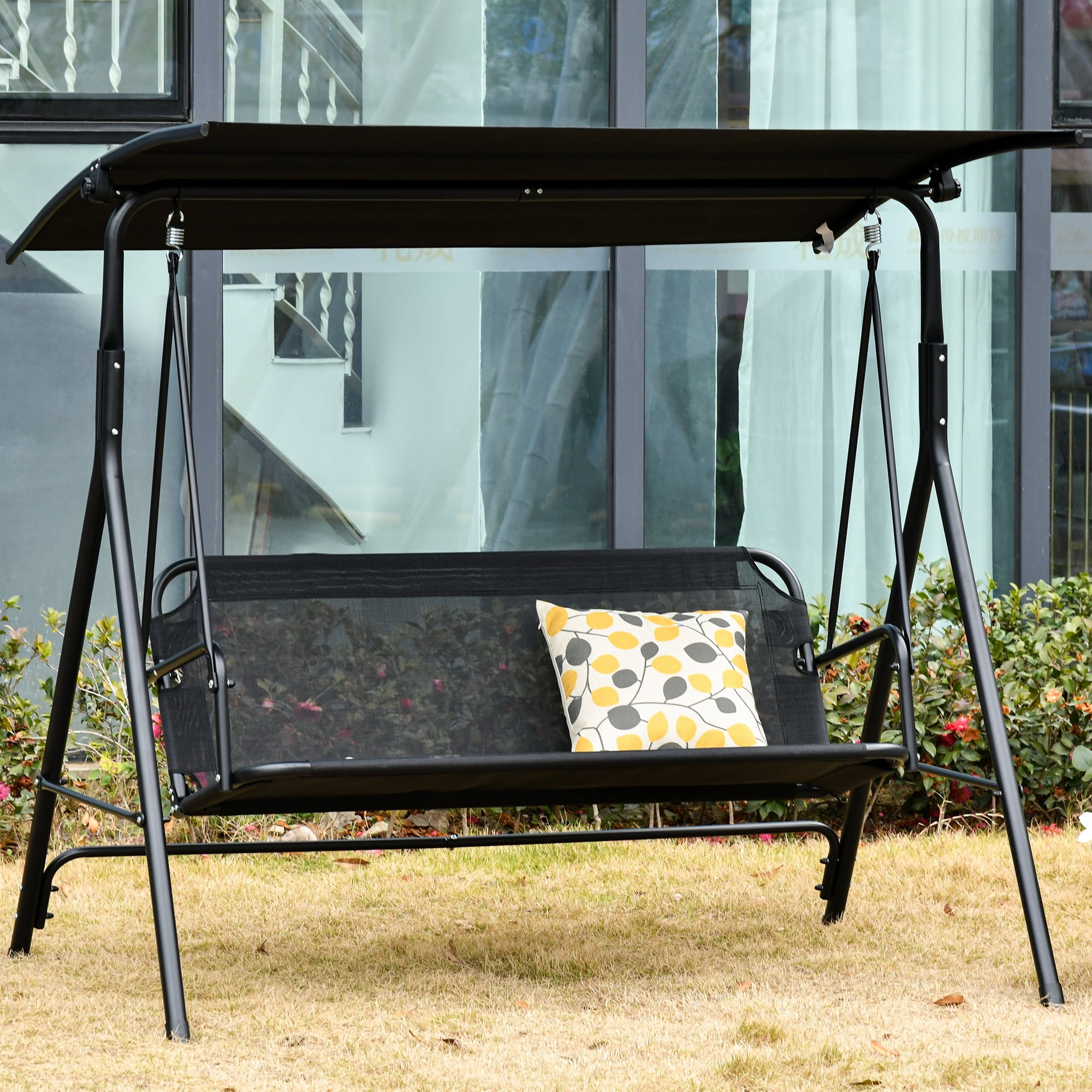 Black Steel Outdoor Patio Swing Chair with Adjustable Canopy