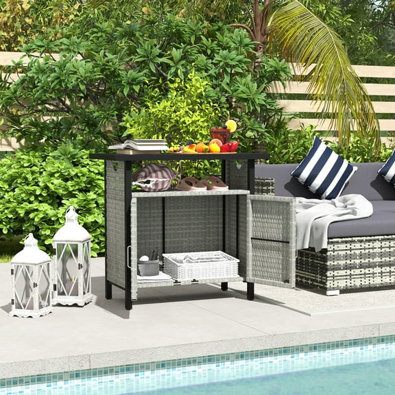 Outsunny Outdoor Pool Towel Storage Cabinet Organizer, PE Rattan Pool Valet, Gray