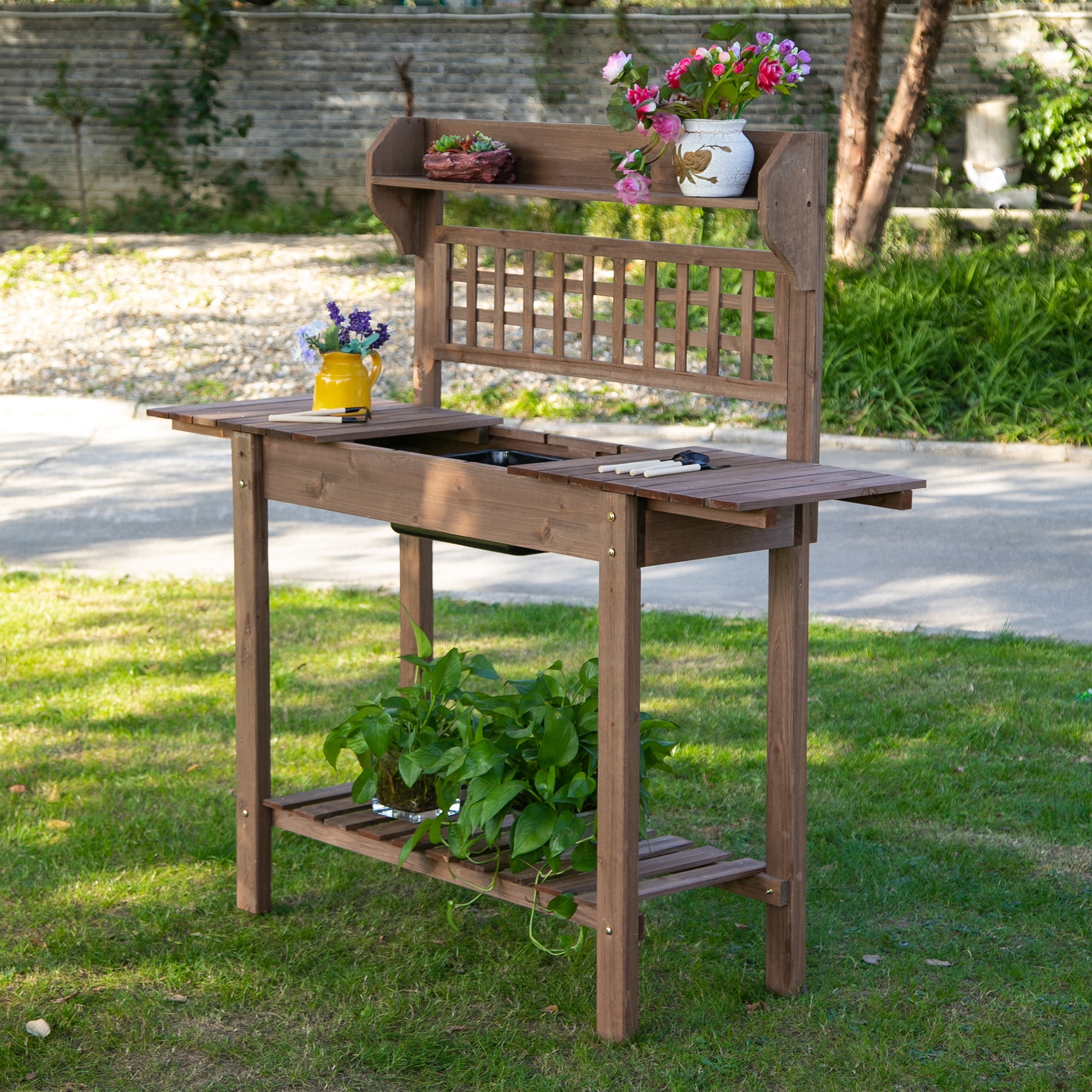 Brown Fir Wood Garden Potting Bench with Sliding Tabletop and Storage