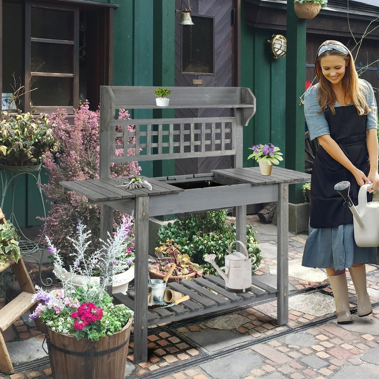 Outsunny Outdoor Potting Bench Table with Sliding Tabletop