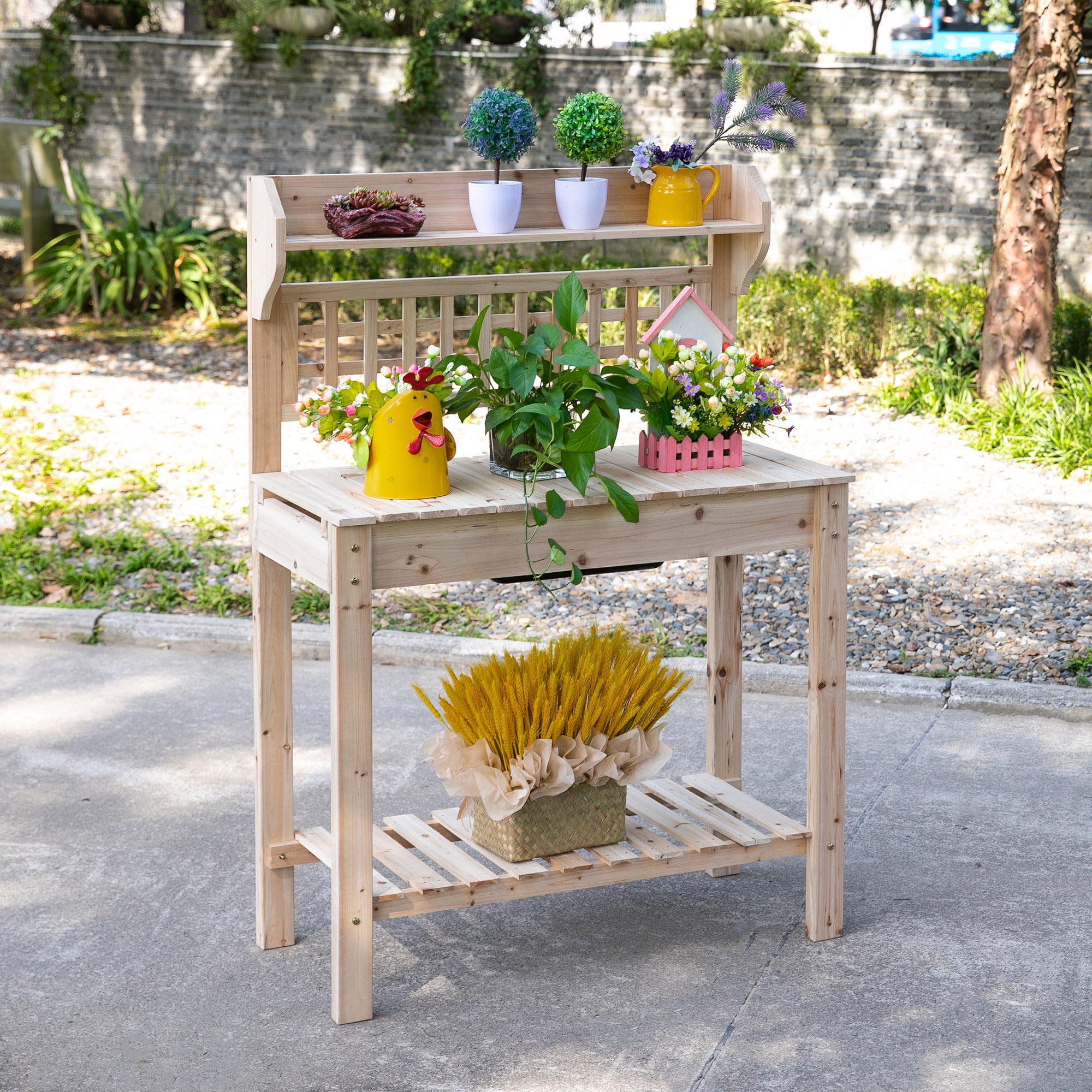 Natural Fir Wood Garden Potting Bench with Hidden Storage