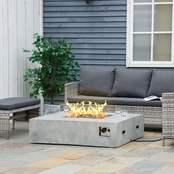 Outsunny Outdoor Propane Fire Pit Table Faux Grey Ledge Stone 42-inch Square Fire Table, 50,000BTU Auto Ignition Gas Firepits with Protective Cover