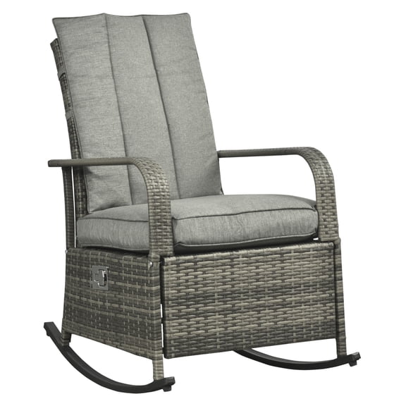 Outsunny Outdoor Rattan Rocking Chair Patio Recliner with Soft Cushions, Adjustable Footrest, Max. 135 Degree Backrest, PE Wicker, Gray